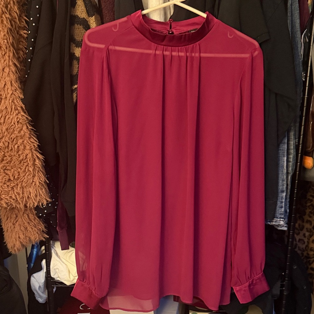 torrid Long-Sleeve Pleated Mock Neck Blouse - Deep Berry